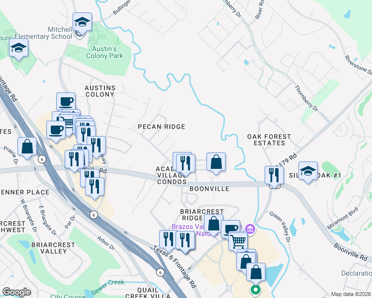 map of restaurants, bars, coffee shops, grocery stores, and more near 3610 Major Street in Bryan