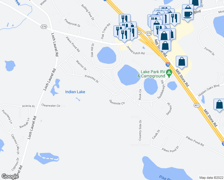 map of restaurants, bars, coffee shops, grocery stores, and more near 4973 Princess Drive in Lake Park