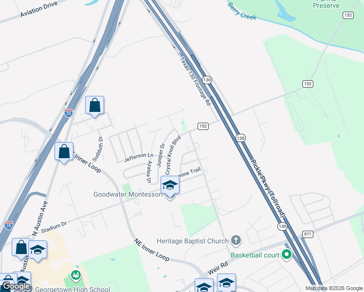 map of restaurants, bars, coffee shops, grocery stores, and more near 305 Caladium Court in Georgetown