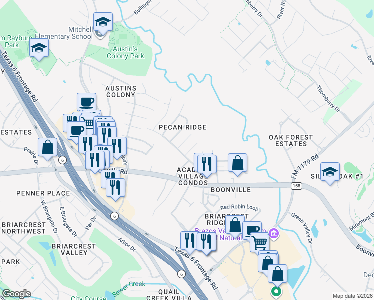 map of restaurants, bars, coffee shops, grocery stores, and more near 3601 Western Street in Bryan