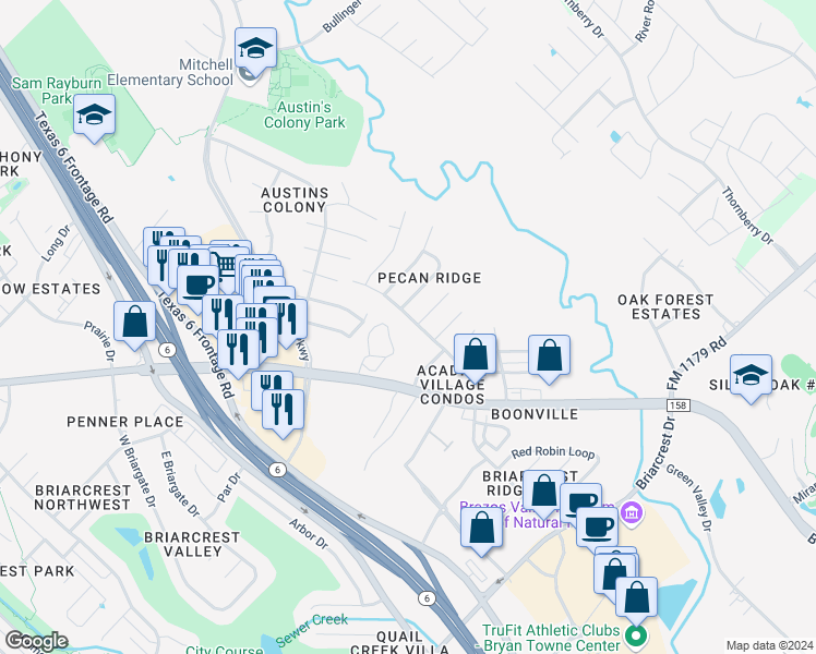 map of restaurants, bars, coffee shops, grocery stores, and more near 2416 Pecan Ridge Drive in Bryan