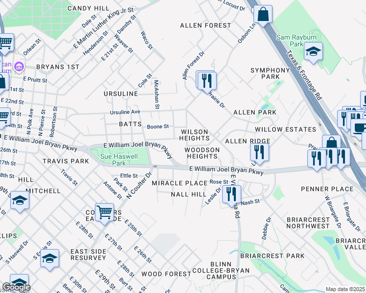 map of restaurants, bars, coffee shops, grocery stores, and more near 1703 Wilson Street in Bryan