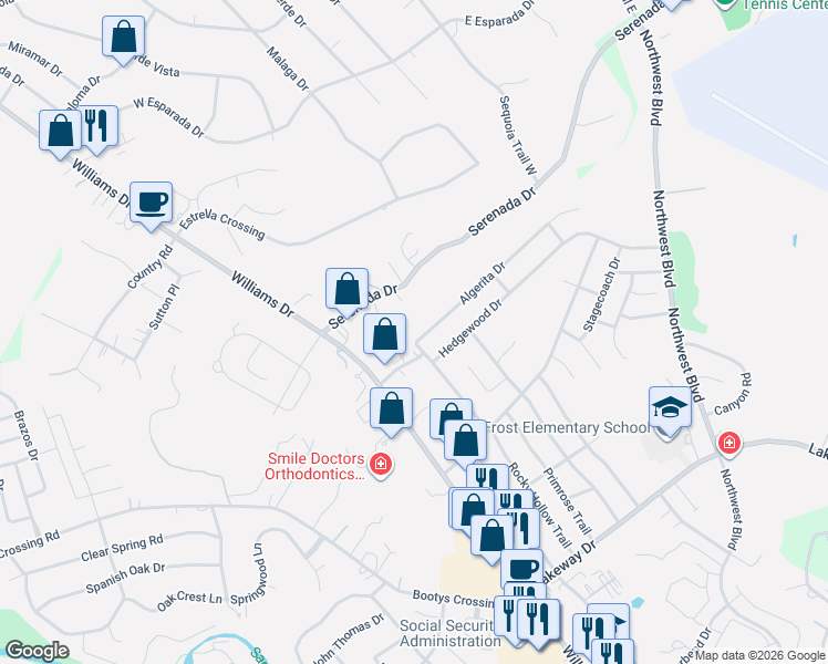 map of restaurants, bars, coffee shops, grocery stores, and more near 301 Algerita Drive in Georgetown