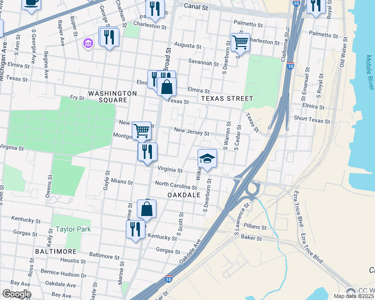 map of restaurants, bars, coffee shops, grocery stores, and more near 670 South Washington Avenue in Mobile