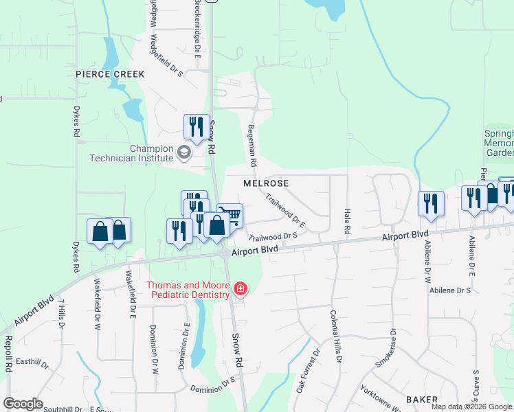 map of restaurants, bars, coffee shops, grocery stores, and more near 9801 Trailwood Court in Mobile