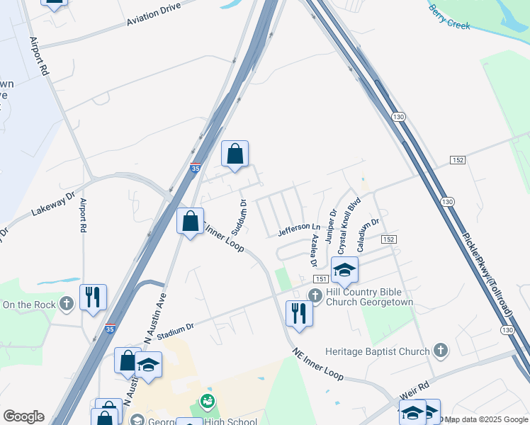 map of restaurants, bars, coffee shops, grocery stores, and more near 112 Mahogany Lane in Georgetown