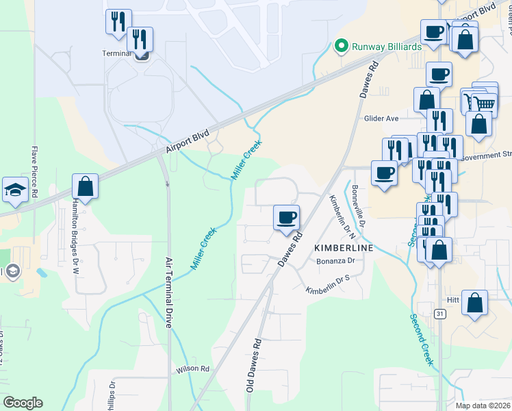 map of restaurants, bars, coffee shops, grocery stores, and more near 701 Abbey Way in Mobile