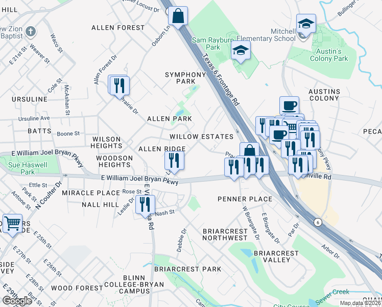 map of restaurants, bars, coffee shops, grocery stores, and more near 2320 Long Drive in Bryan