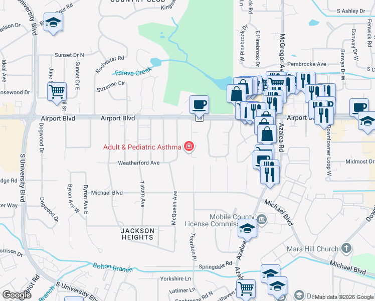 map of restaurants, bars, coffee shops, grocery stores, and more near 728 Spring Station Road in Mobile