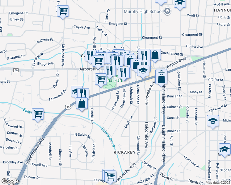 map of restaurants, bars, coffee shops, grocery stores, and more near 404 Westwood Street in Mobile