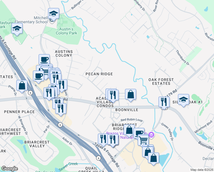 map of restaurants, bars, coffee shops, grocery stores, and more near 3609 Major Street in Bryan