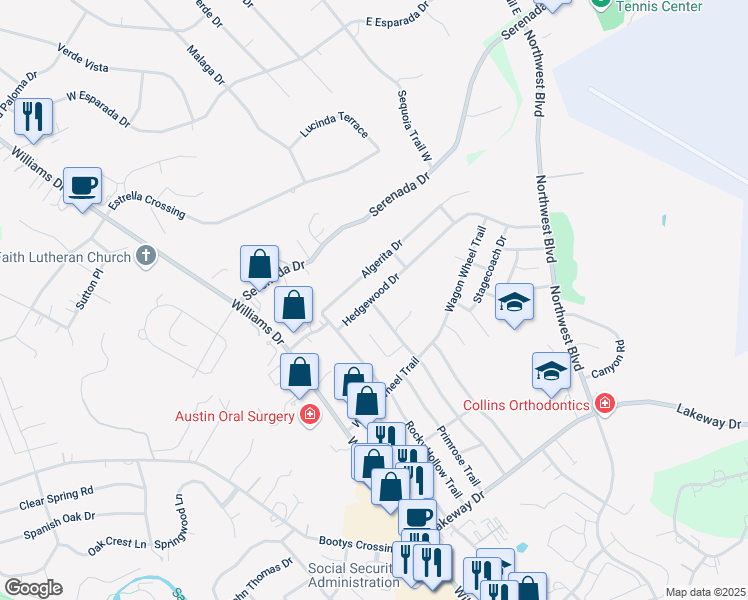 map of restaurants, bars, coffee shops, grocery stores, and more near 3707 Buffalo Springs Trail in Georgetown