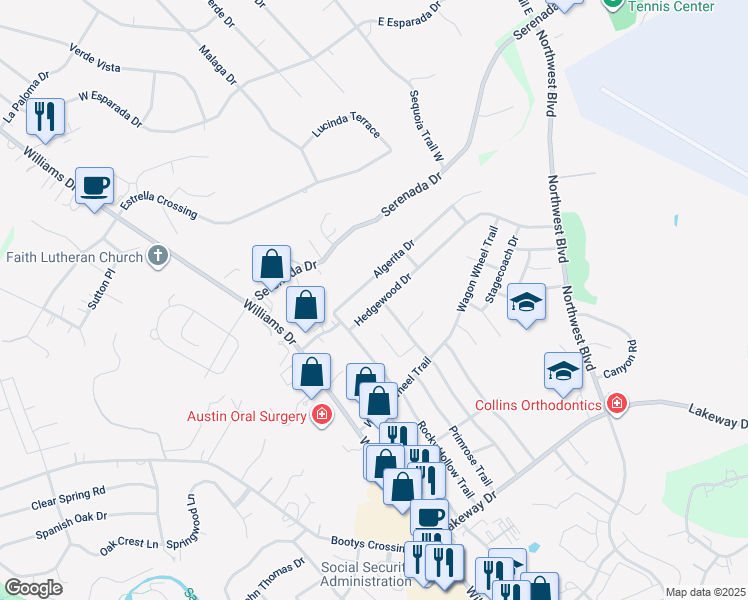 map of restaurants, bars, coffee shops, grocery stores, and more near 401 Hedgewood Drive in Georgetown