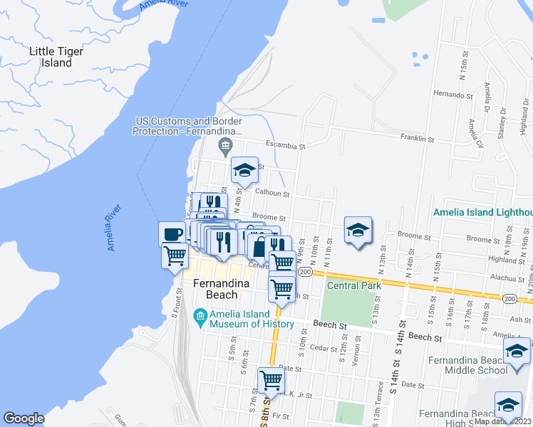 map of restaurants, bars, coffee shops, grocery stores, and more near 603 Broome Street in Fernandina Beach