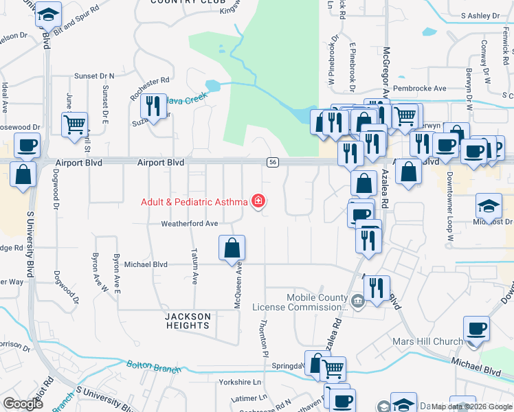map of restaurants, bars, coffee shops, grocery stores, and more near 728 Spring Station Road in Mobile