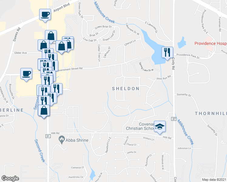 map of restaurants, bars, coffee shops, grocery stores, and more near 804 Willow Bridge Drive West in Mobile