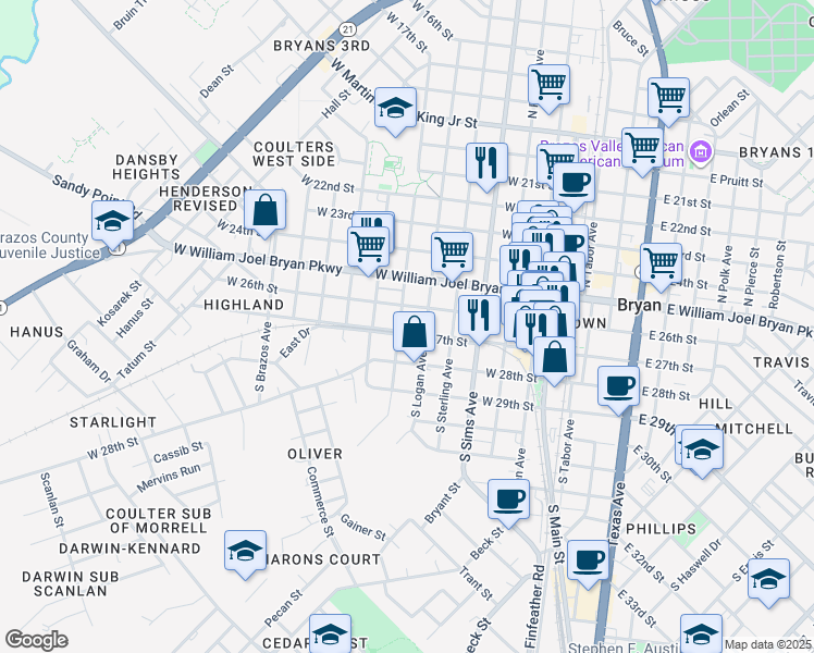 map of restaurants, bars, coffee shops, grocery stores, and more near 108 South Randolph Avenue in Bryan