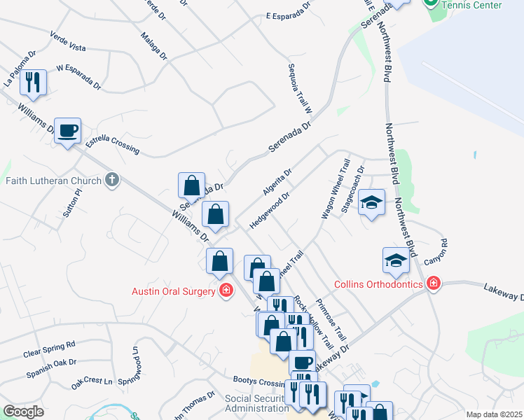 map of restaurants, bars, coffee shops, grocery stores, and more near 401 Hedgewood Drive in Georgetown