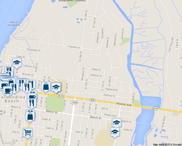 map of restaurants, bars, coffee shops, grocery stores, and more near 1511 Calhoun Street in Fernandina Beach