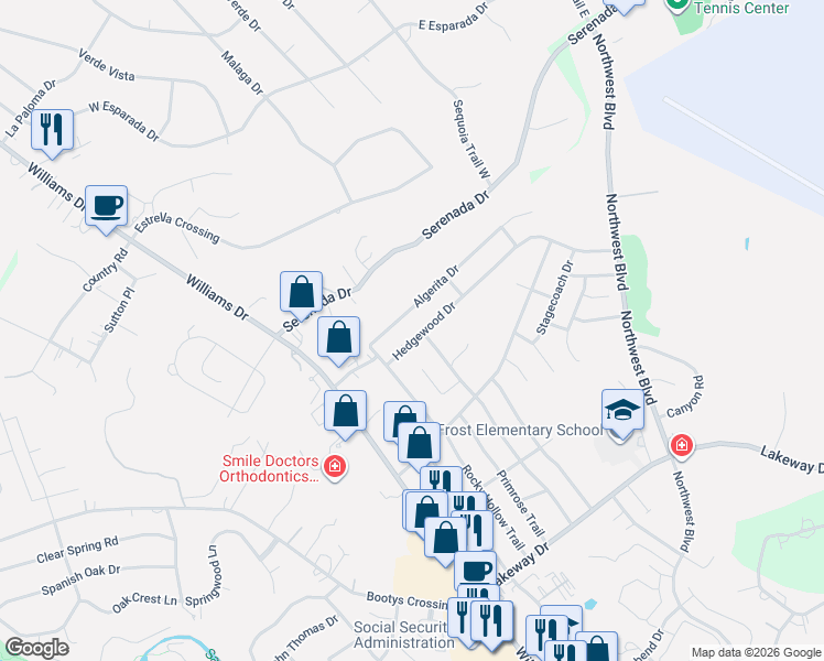 map of restaurants, bars, coffee shops, grocery stores, and more near 403 Hedgewood Drive in Georgetown