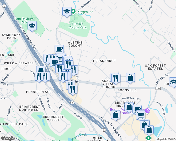 map of restaurants, bars, coffee shops, grocery stores, and more near 2314 North Pioneer Trail in Bryan