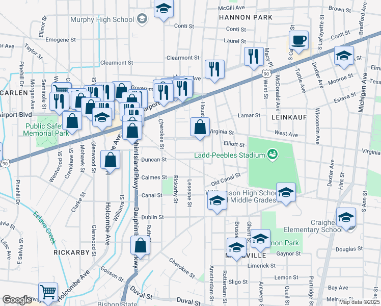 map of restaurants, bars, coffee shops, grocery stores, and more near 1817 Kibby Street in Mobile