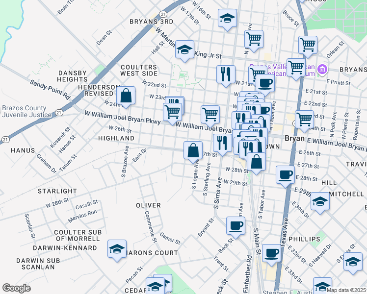 map of restaurants, bars, coffee shops, grocery stores, and more near 108 South Randolph Avenue in Bryan