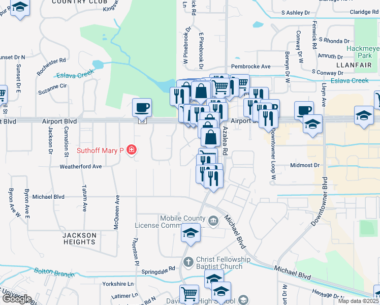 map of restaurants, bars, coffee shops, grocery stores, and more near 733 East Westmoreland Drive in Mobile