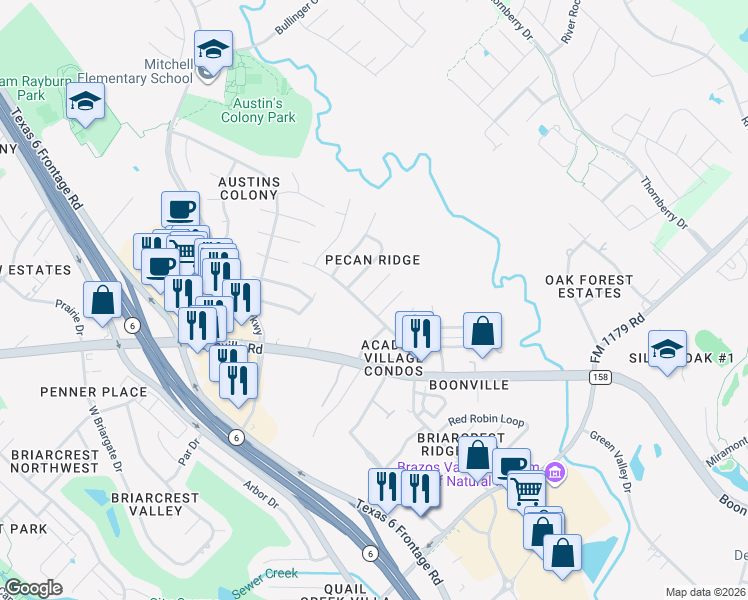 map of restaurants, bars, coffee shops, grocery stores, and more near 3601 Western Street in Bryan