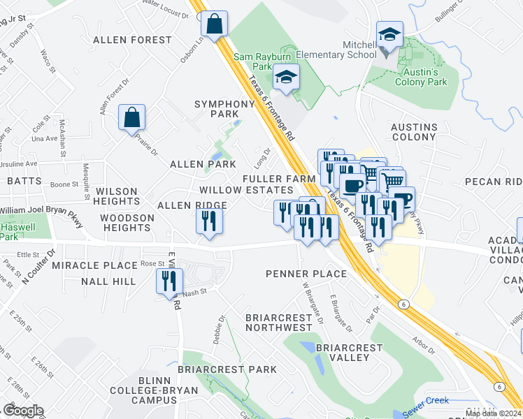 map of restaurants, bars, coffee shops, grocery stores, and more near 1807 Prairie Drive in Bryan
