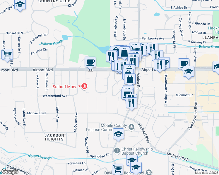 map of restaurants, bars, coffee shops, grocery stores, and more near 733 East Westmoreland Drive in Mobile