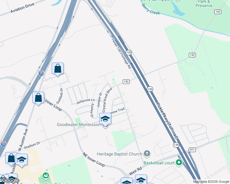 map of restaurants, bars, coffee shops, grocery stores, and more near 305 Caladium Court in Georgetown