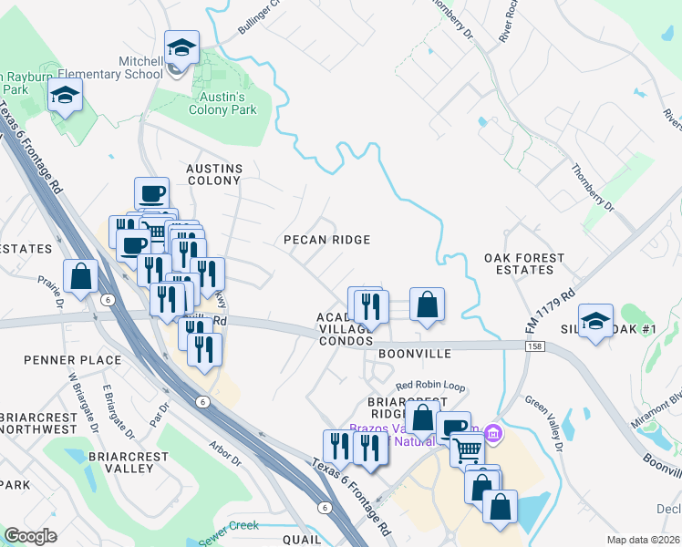 map of restaurants, bars, coffee shops, grocery stores, and more near 3601 Western Street in Bryan