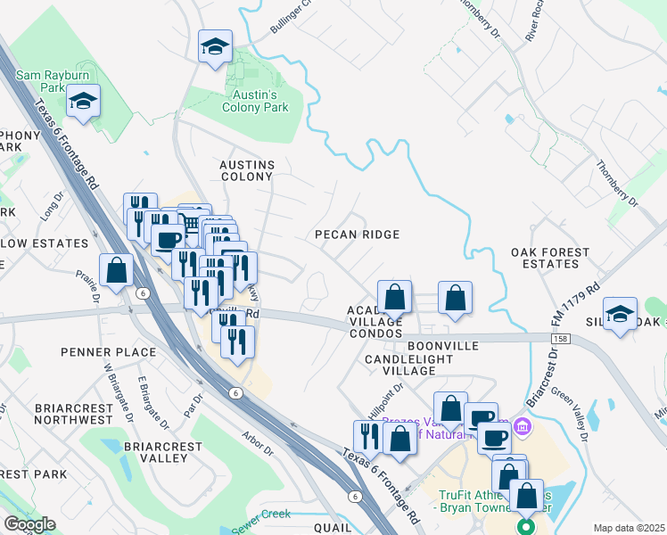 map of restaurants, bars, coffee shops, grocery stores, and more near 2416 Pecan Ridge Drive in Bryan