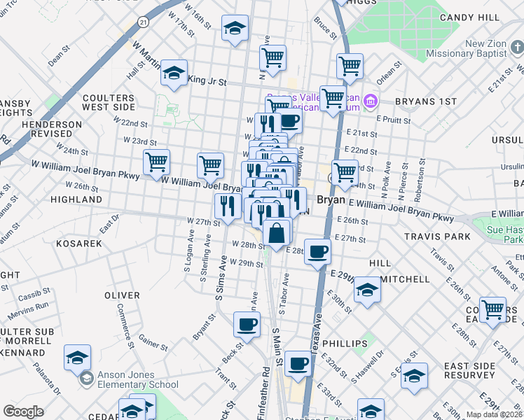 map of restaurants, bars, coffee shops, grocery stores, and more near in Bryan