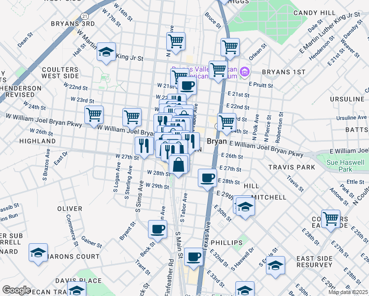 map of restaurants, bars, coffee shops, grocery stores, and more near in Bryan