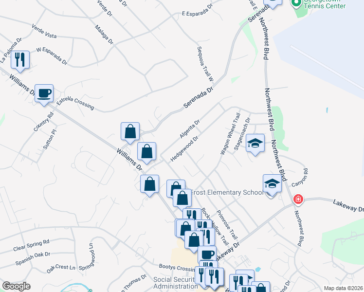map of restaurants, bars, coffee shops, grocery stores, and more near 501 Hedgewood Drive in Georgetown