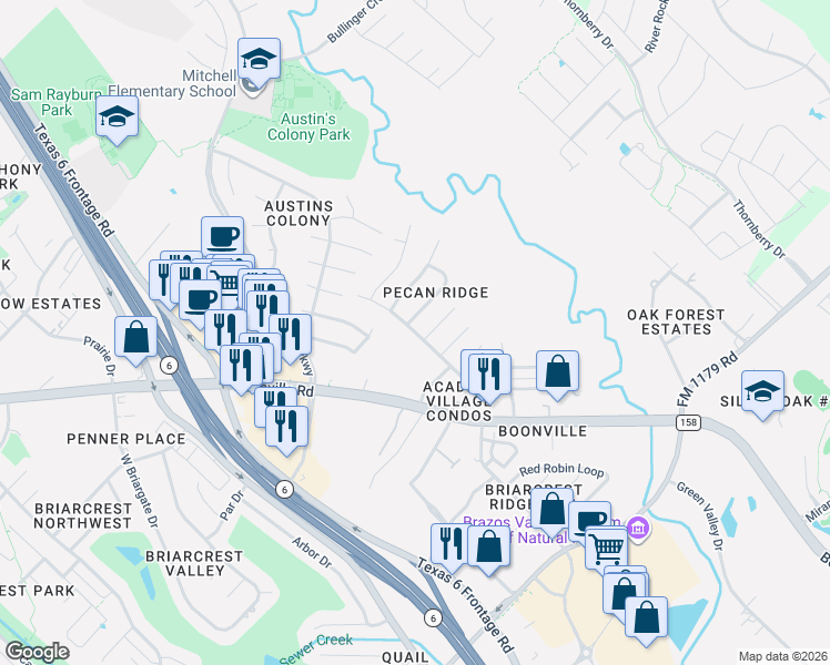 map of restaurants, bars, coffee shops, grocery stores, and more near 2416 Pecan Ridge Drive in Bryan