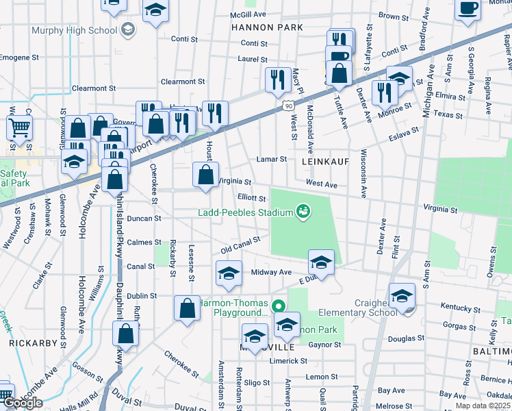 map of restaurants, bars, coffee shops, grocery stores, and more near 455 Tisdale Street in Mobile
