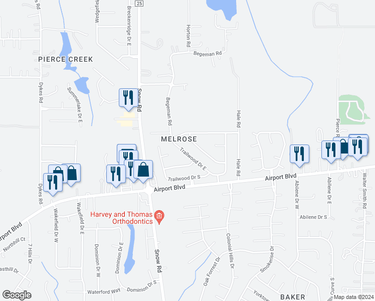 map of restaurants, bars, coffee shops, grocery stores, and more near 785 Trailwood Drive East in Mobile