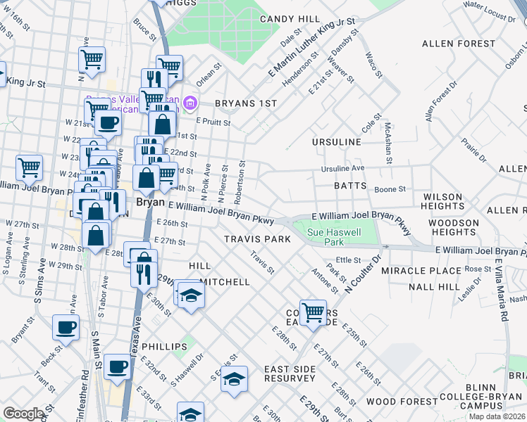 map of restaurants, bars, coffee shops, grocery stores, and more near 1015 East 24th Street in Bryan