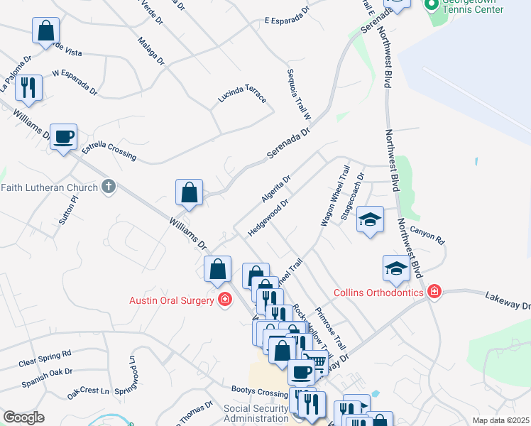 map of restaurants, bars, coffee shops, grocery stores, and more near 501 Hedgewood Drive in Georgetown