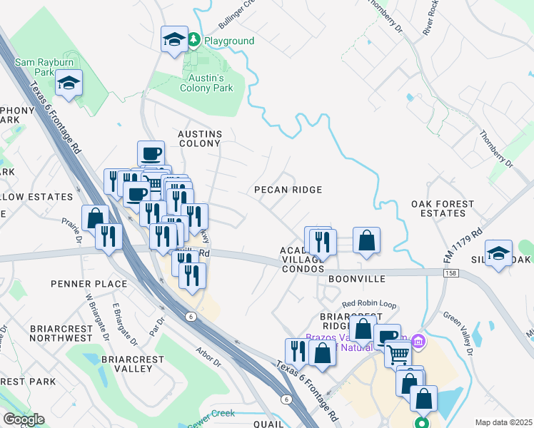 map of restaurants, bars, coffee shops, grocery stores, and more near 2414 Pecan Ridge Drive in Bryan