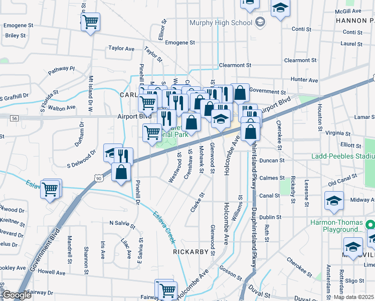 map of restaurants, bars, coffee shops, grocery stores, and more near 404 Westwood Street in Mobile
