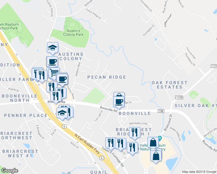 map of restaurants, bars, coffee shops, grocery stores, and more near 3601 Western Street in Bryan