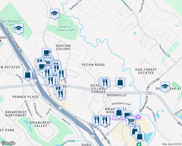 map of restaurants, bars, coffee shops, grocery stores, and more near 3601 Western Street in Bryan