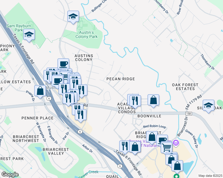 map of restaurants, bars, coffee shops, grocery stores, and more near 2416 Pecan Ridge Drive in Bryan