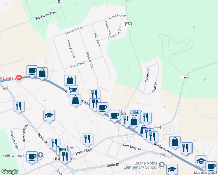 map of restaurants, bars, coffee shops, grocery stores, and more near 117 Stallion Way in Liberty Hill
