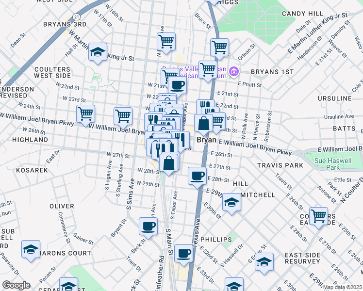 map of restaurants, bars, coffee shops, grocery stores, and more near 101 Regent Avenue in Bryan