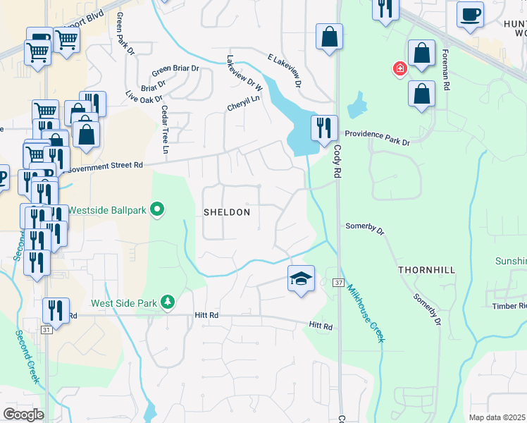 map of restaurants, bars, coffee shops, grocery stores, and more near 793 Willow Pointe Drive East in Mobile